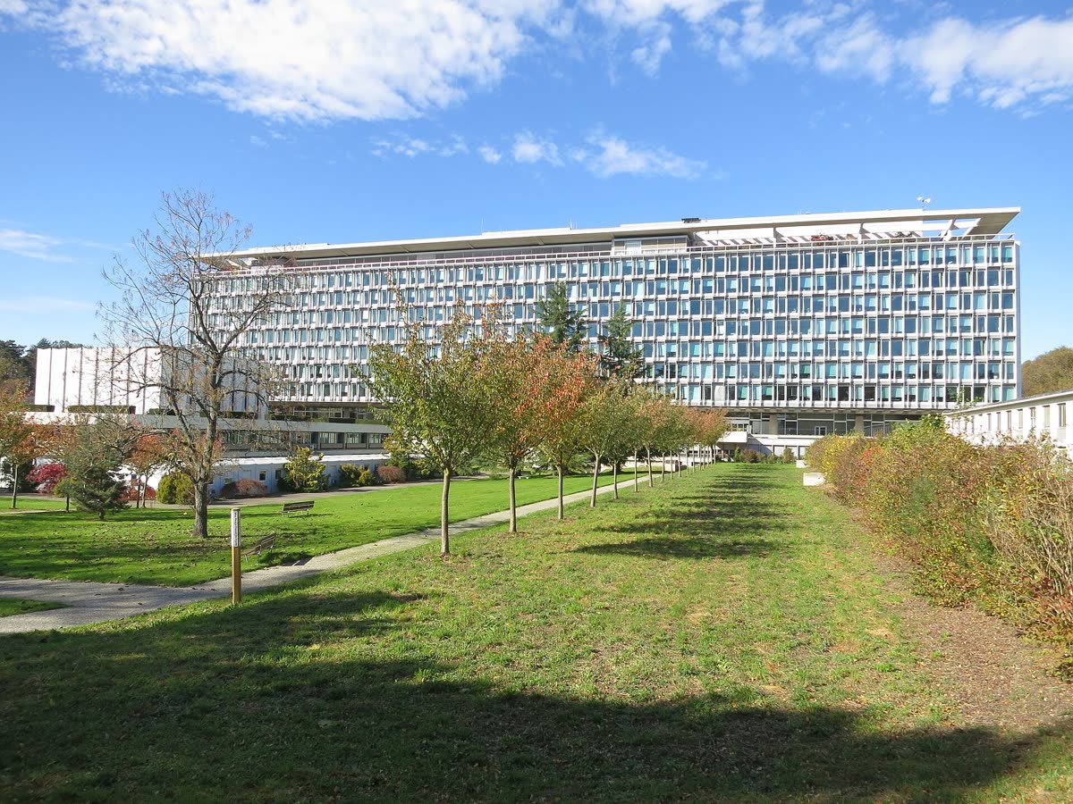 WHO headquarters main building in Geneva viewed from the south