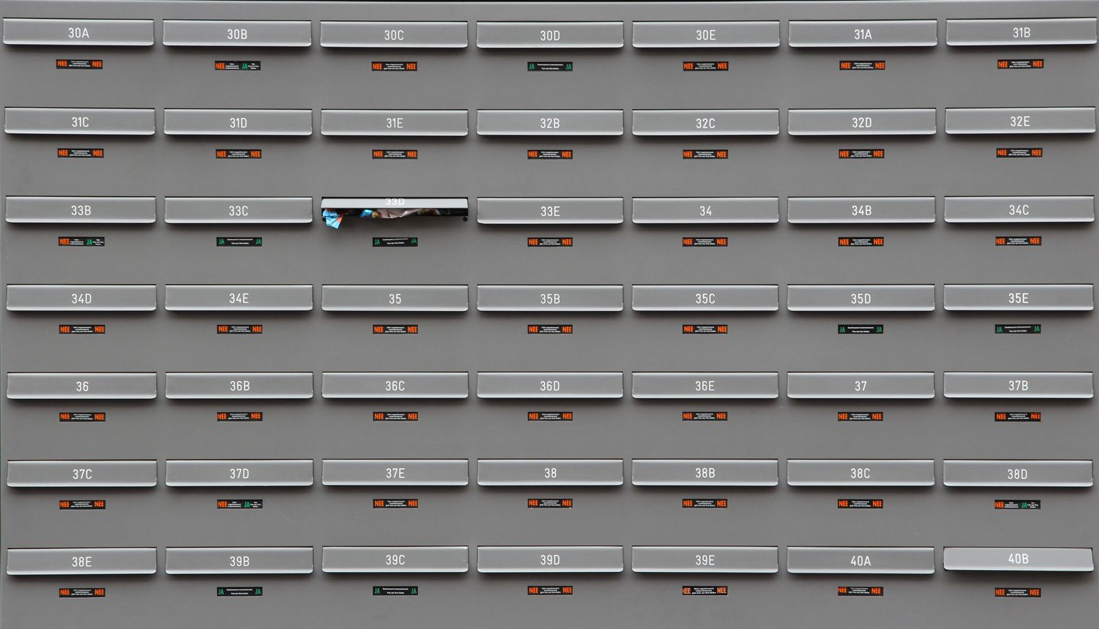 Numbered postal boxes arranged as an organized information system